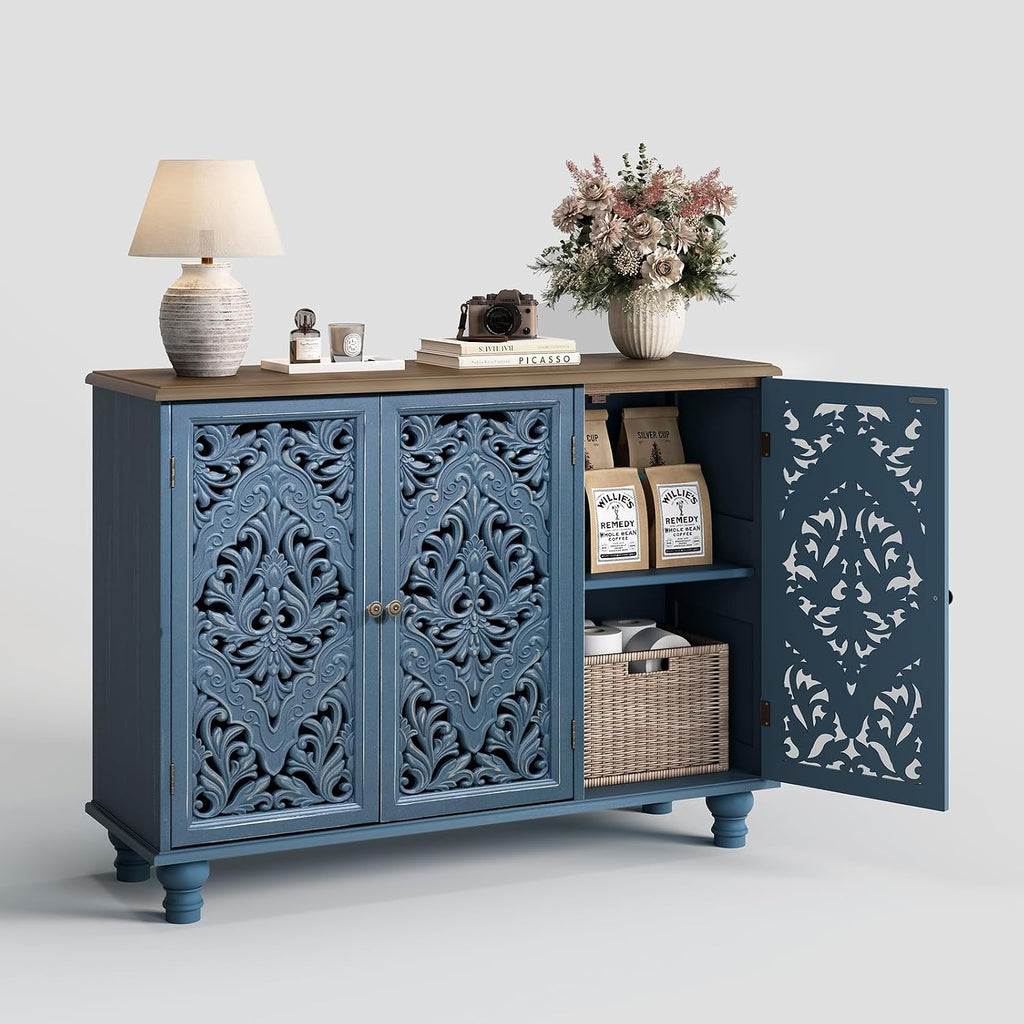 JOINICE Accent Cabinet with 3 Carved Doors, Distressed Sideboard Buffet with Storage & Solid Wood Legs, 43' Vintage Console Table for Living Room,Entryway,Coffee Bar,Hallway(Blue & Walnut)