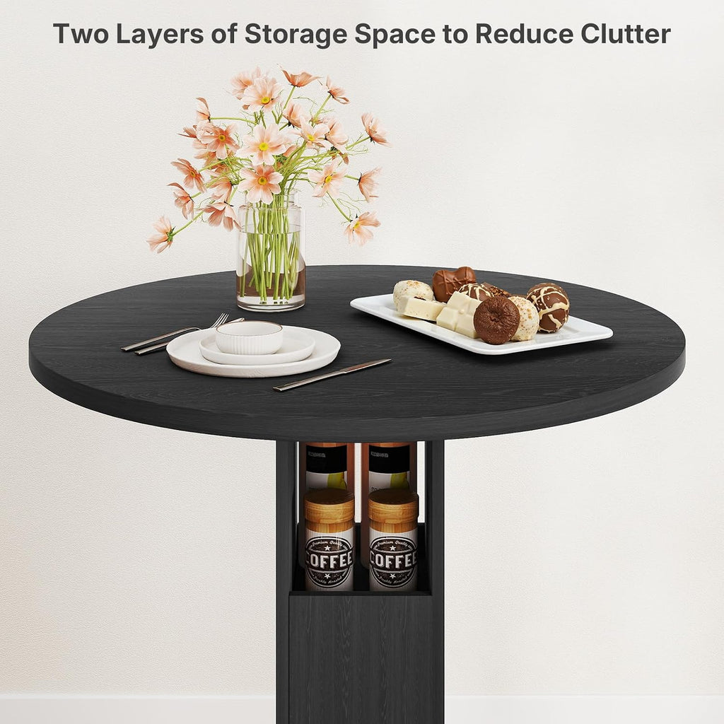 Kiivakii 31.5' 3 Pieces Round Bar Table Set, Pub Table and Chairs for 2, Kitchen Bar Table with 2 Stools & Built-in Storage, Small Dining Table Set for Dining Room, Bistro & Small Space, Black