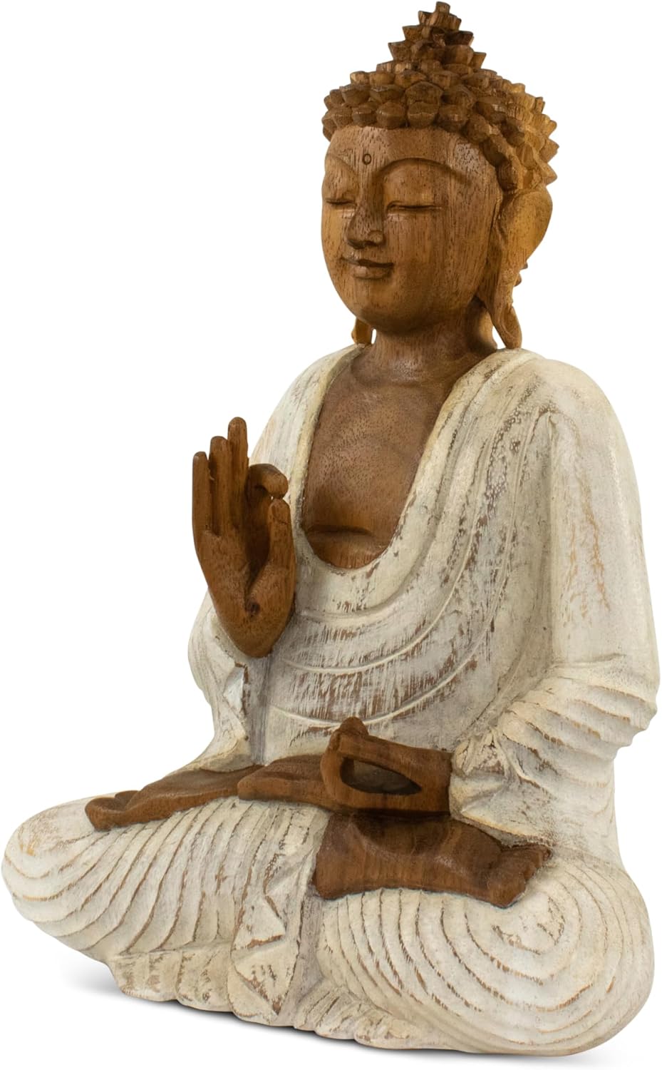 G6 Collection Wooden Serene Meditating Sitting Buddha Art Statue Hand Carved Sculpture Home Decor (16' Tall – Whitewashed)