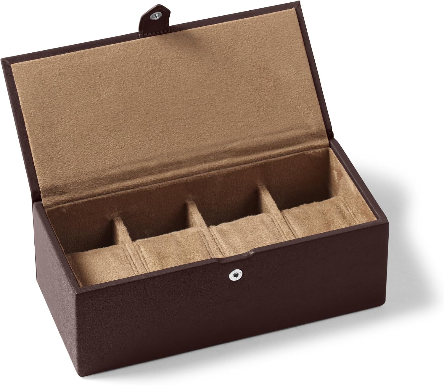 Leatherology Brown Watch & Bracelet Box – Full Grain Leather Jewelry Organizer with 4 Microsuede-Lined Compartments, Removable Cushions & Snap Closure – Storage for Watches and Accessories