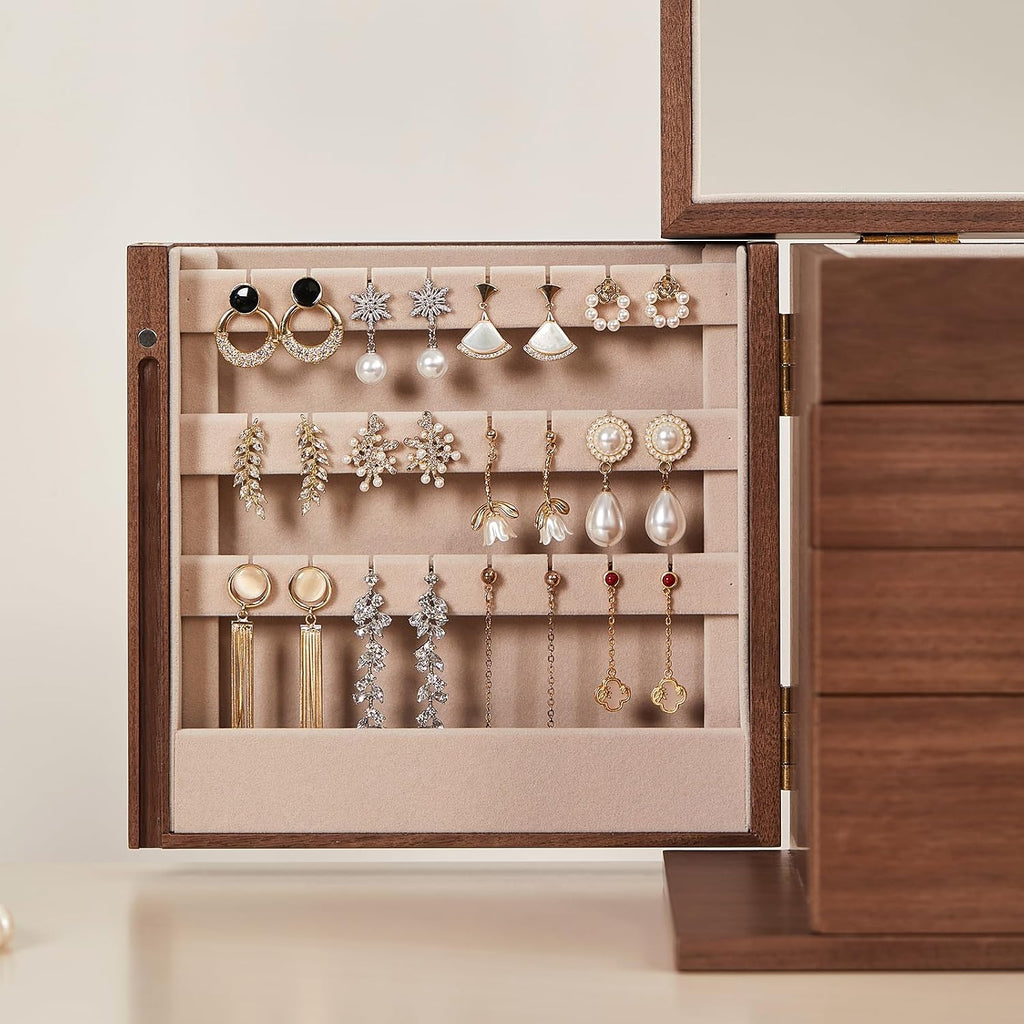 Black Walnut Wooden Jewelry Box, Wood Jewelry Organizer with 2 Side Doors Mirror Lockable Classical Style for Watch Necklace Ring Earring Storage, Ideal Gift-4 Layer