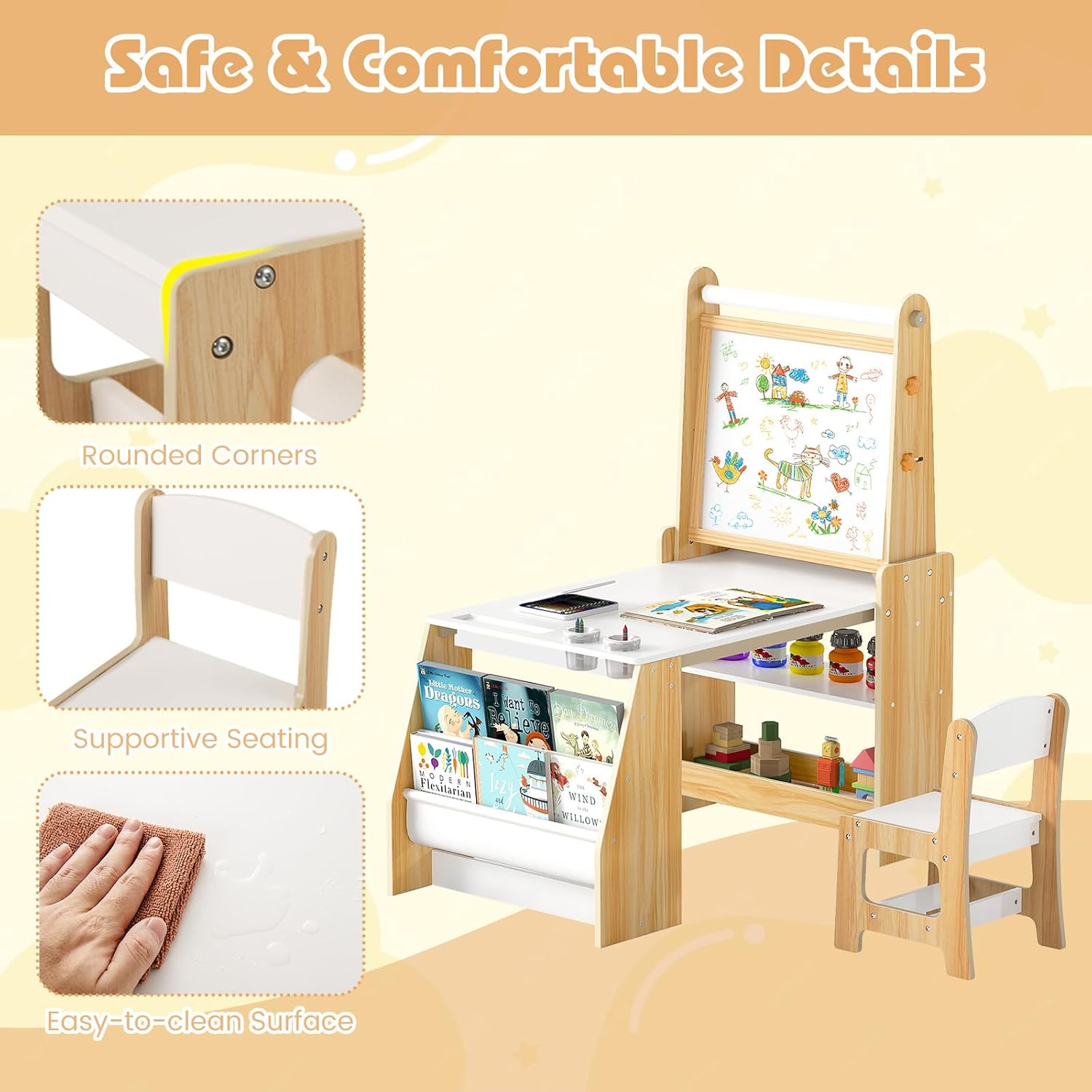 HONEY JOY Kids Art Table and Chair Set, Wooden Arts and Crafts Activity Set w/Adjustable Magnetic Whiteboard & Chalkboard, Paper Roll, Bookshelves & Storage Shelves, Toddler Table(Natural)