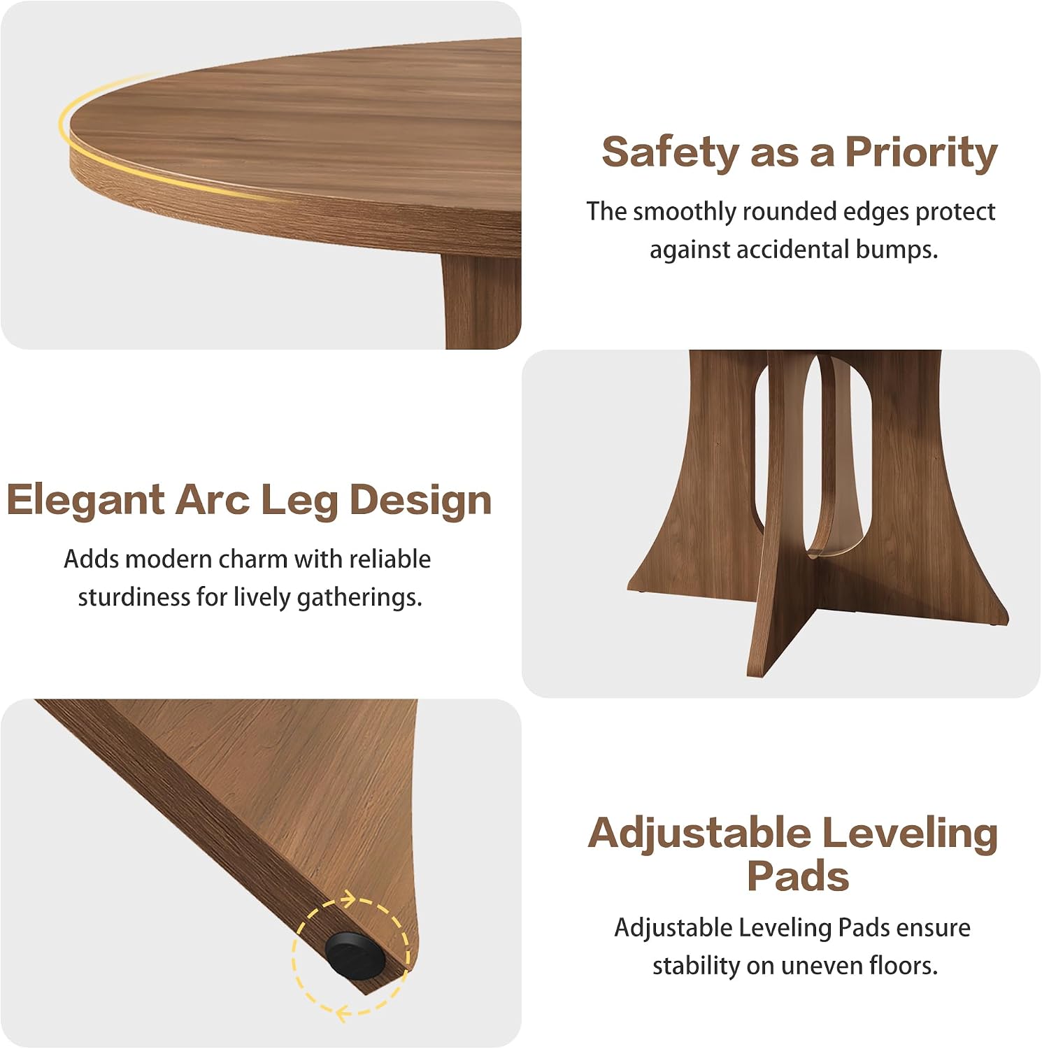 Round Dining Table for 4-6 People, 43.3 Inch Circle Kitchen Table with Sturdy Legs & Adjustable Foot Pads, Modern Farmhouse Dinner Table for Dining Room and Apartment, Walnut