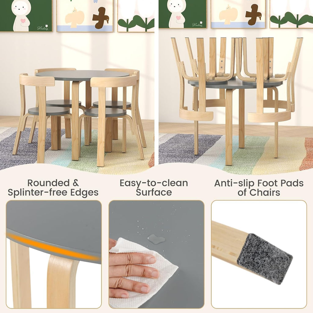 HONEY JOY Kids Table and Chair Set, Bentwood Toddler Round Table and 4 Chairs for Craft Art, Building Block, 5-Piece Children Furniture Set for Daycare, Kindergarten, Playroom (Gray)