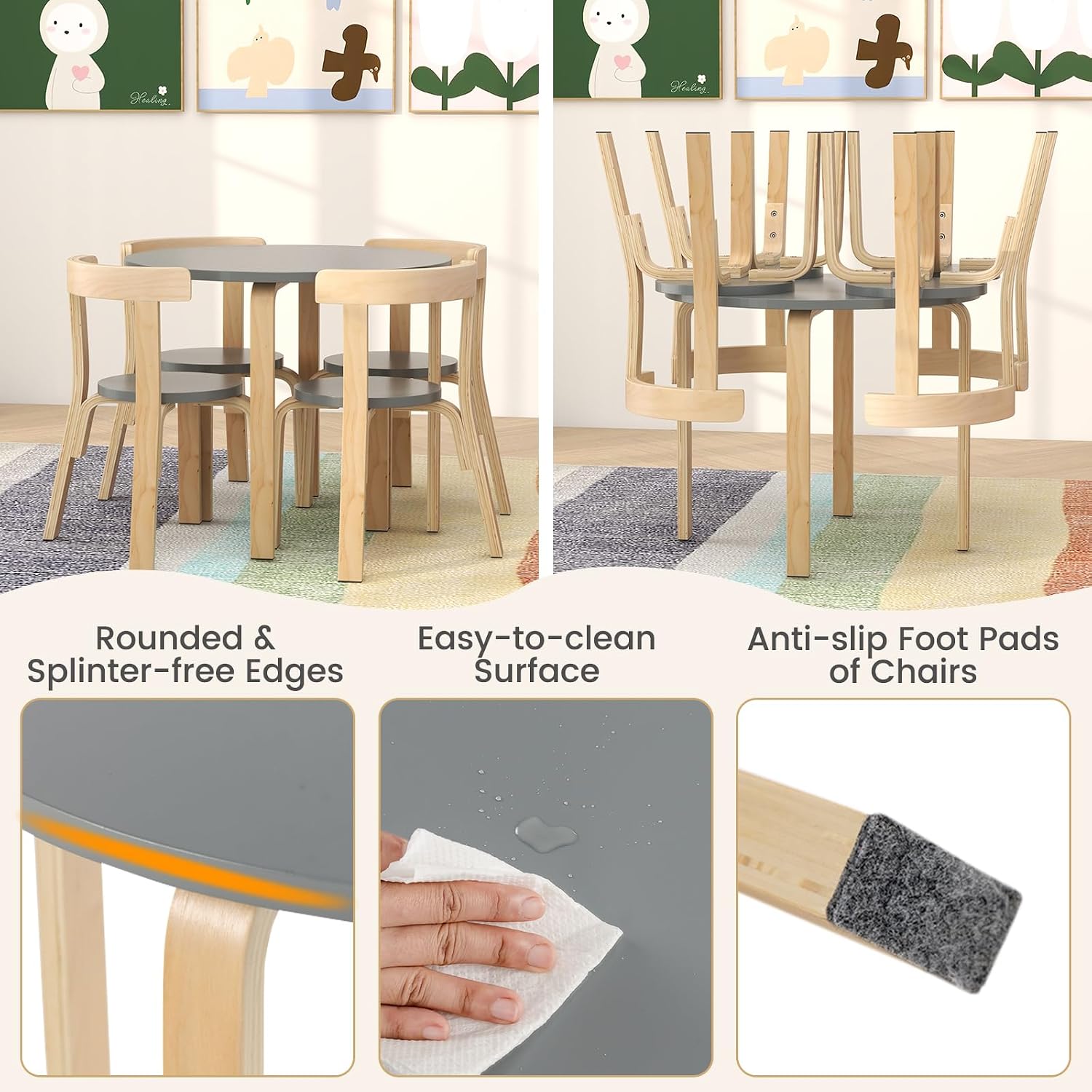 HONEY JOY Kids Table and Chair Set, Bentwood Toddler Round Table and 4 Chairs for Craft Art, Building Block, 5-Piece Children Furniture Set for Daycare, Kindergarten, Playroom (Gray)