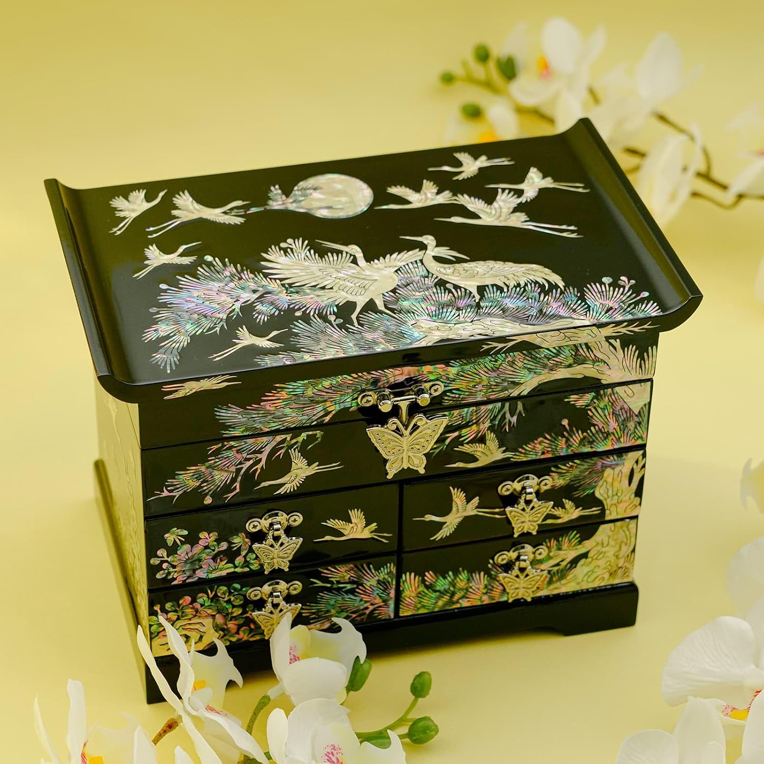 February Mountain Mother of Pearl Wooden Jewelry Organizer Box – Jewelry Storage Box for Women, Features Spacious Drawers, Ideal for Rings, Bracelets, Watches, Chains, Accessories (Crane_Black)