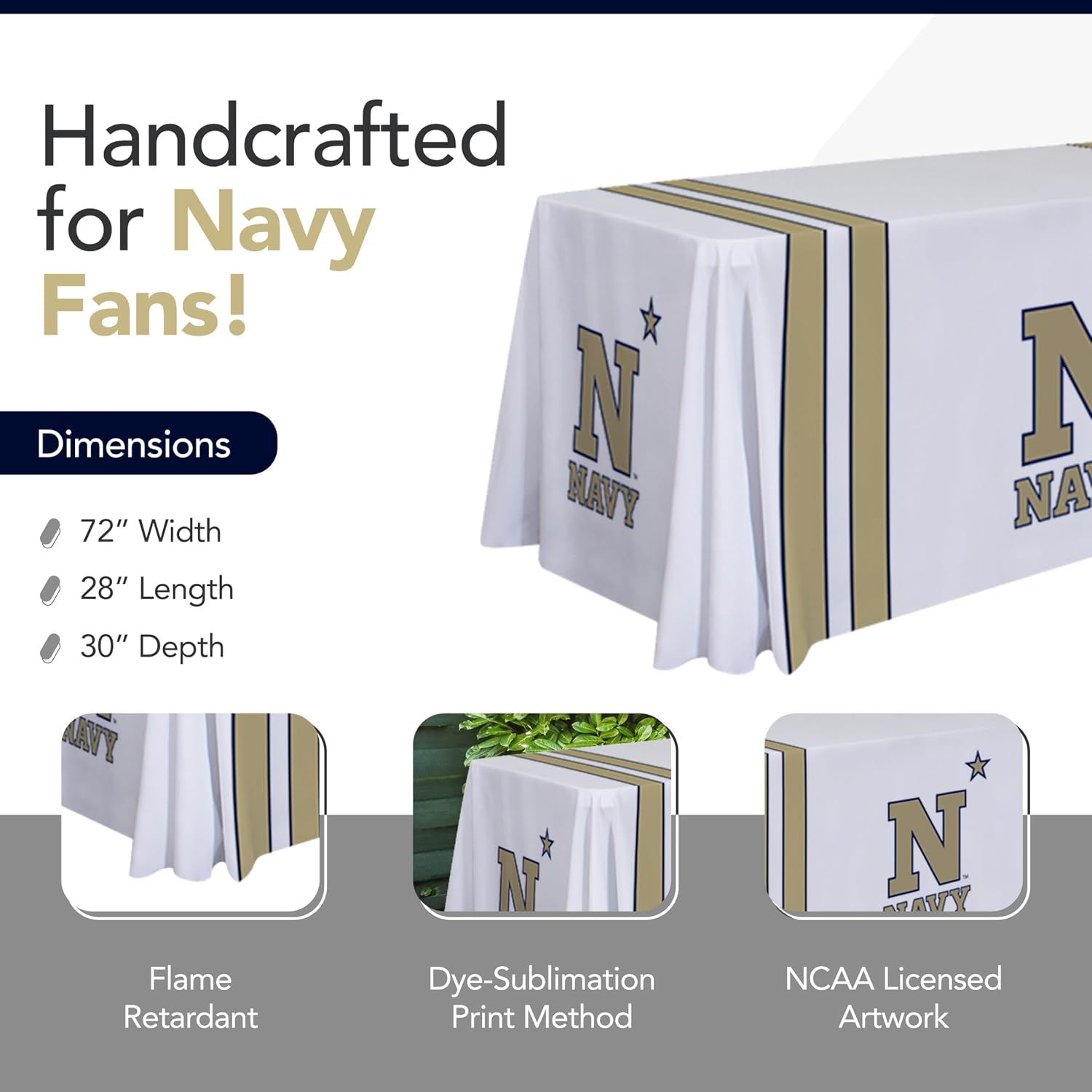Victory Corps Navy Midshipmen College Sports Printed Table Throw - NCAA Licensed - Polyester - School Tablecloth (Navy Blue, Gold) (6' Draped)