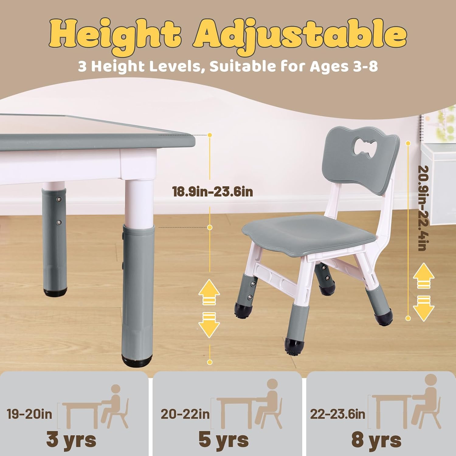 FUNLIO Kids Table and 2 Chairs Set for Ages 3-8, Height Adjustable Toddler Table and Chair Set, Easy to Wipe Arts & Crafts Table, for Classrooms/Daycares/Homes, CPC & CE Approved (3pcs Set) - Gray