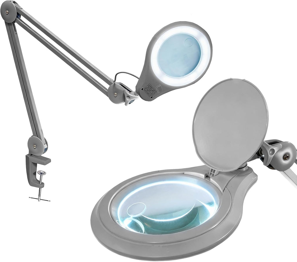 Neatfi LED Bifocal Magnifying Lamp 1,200 Lumens – 5' Glass Lens, Dual Magnification 2.25X/6X, Dimmable | Adjustable Arm with Clamp | Crafting, Jewelry & Reading (5 Diopter + 20 Diopter, Silver)