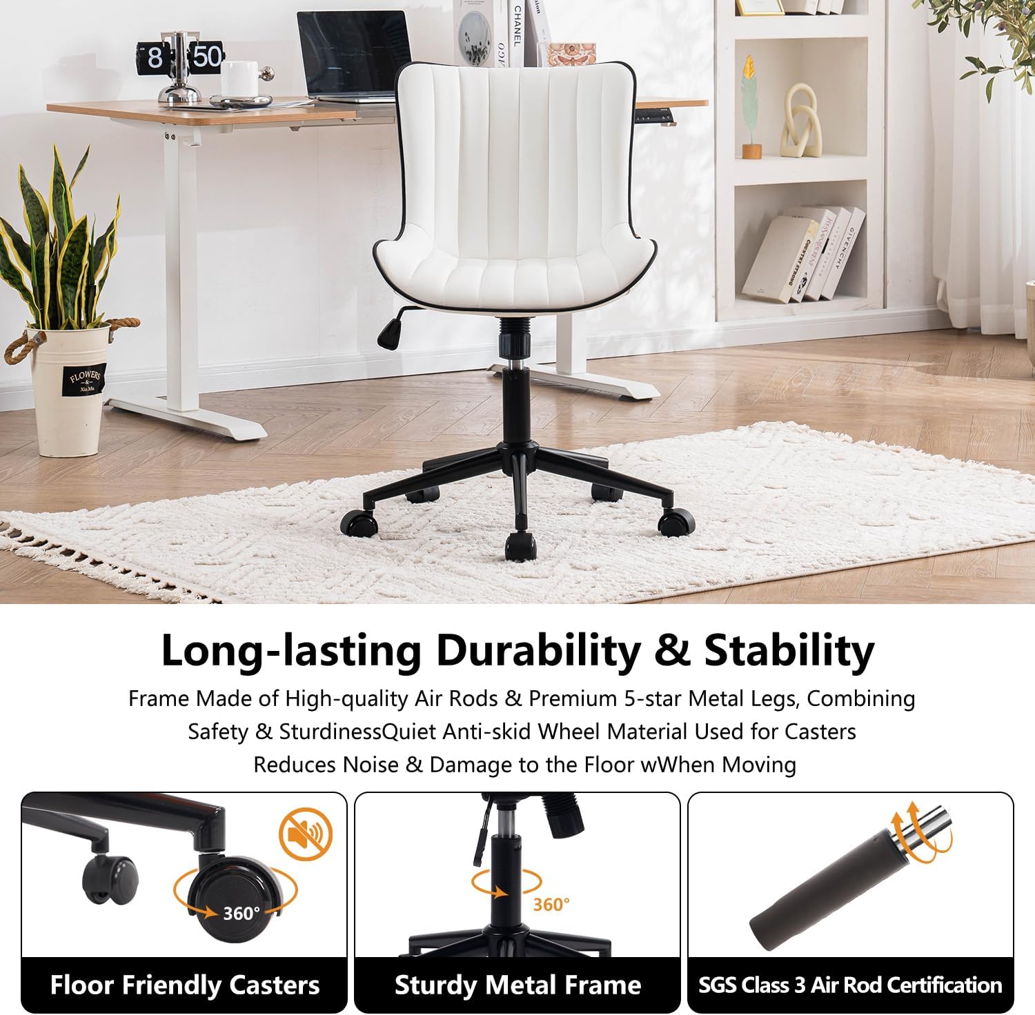 YOUNIKE White Armless Office Chair Faux Leather Small Cute Desk Chair with 12° Rocking Back Adjustable Height Swivel Vanity Chair Ergonomic Compact Home Computer Rolling Task Chair for Small Spaces