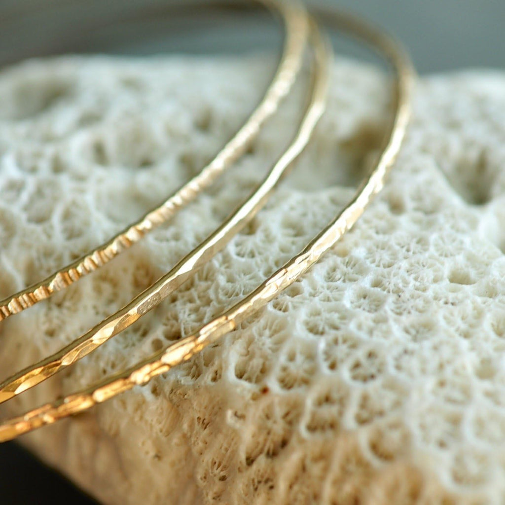14k gold filled Bangles hammered slip on set of 3 textures, Mu-Yin Jewelry Handmade in USA