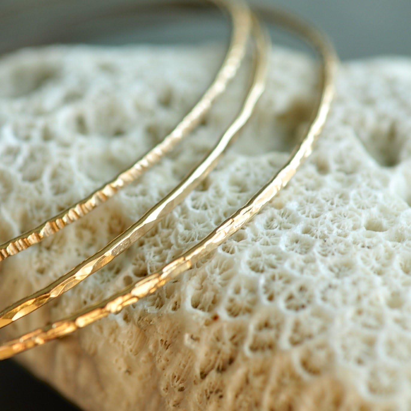 14k gold filled Bangles hammered slip on set of 3 textures, Mu-Yin Jewelry Handmade in USA