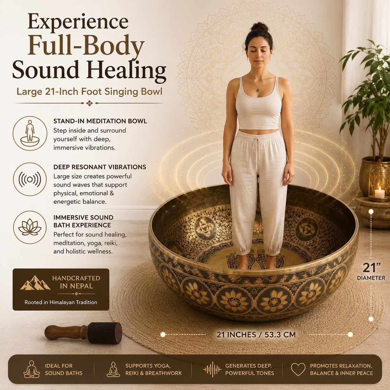 Large 21 Inch Foot Singing Bowl Handmade in Nepal | Etched Meditation Sound Bowl for Healing Sound Bath Yoga Relaxation Mindfulness & Spiritual Wellness Practices
