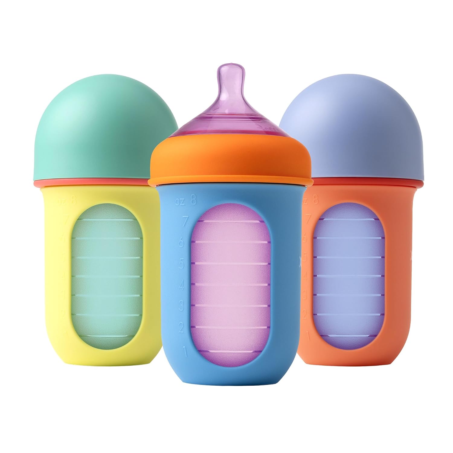 Boon Nursh Bottles - Silicone Baby Bottles Help Ease Colic Symptoms - Reusable Food-Grade Silicone Pouches with Polypropylene Shell - Medium Flow - 8 Oz - Color Block,(Pack of 36)