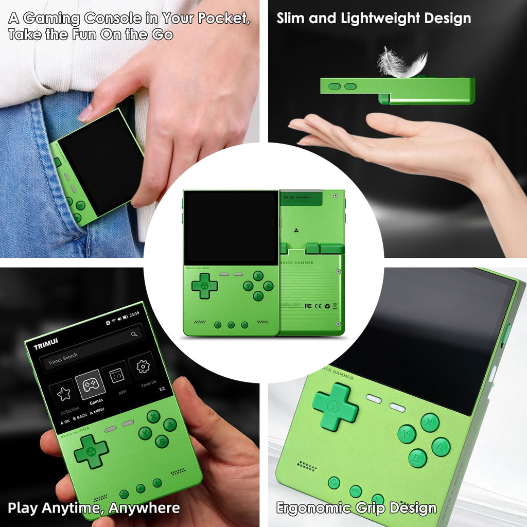 Trimui Brick Hammer Handheld Game Console with 3.2 inch IPS Screen and 3000mAh Battery, Retro Video Games Console with Pre-Installed 64GB TF Card and WiFi Function (Wild Green)