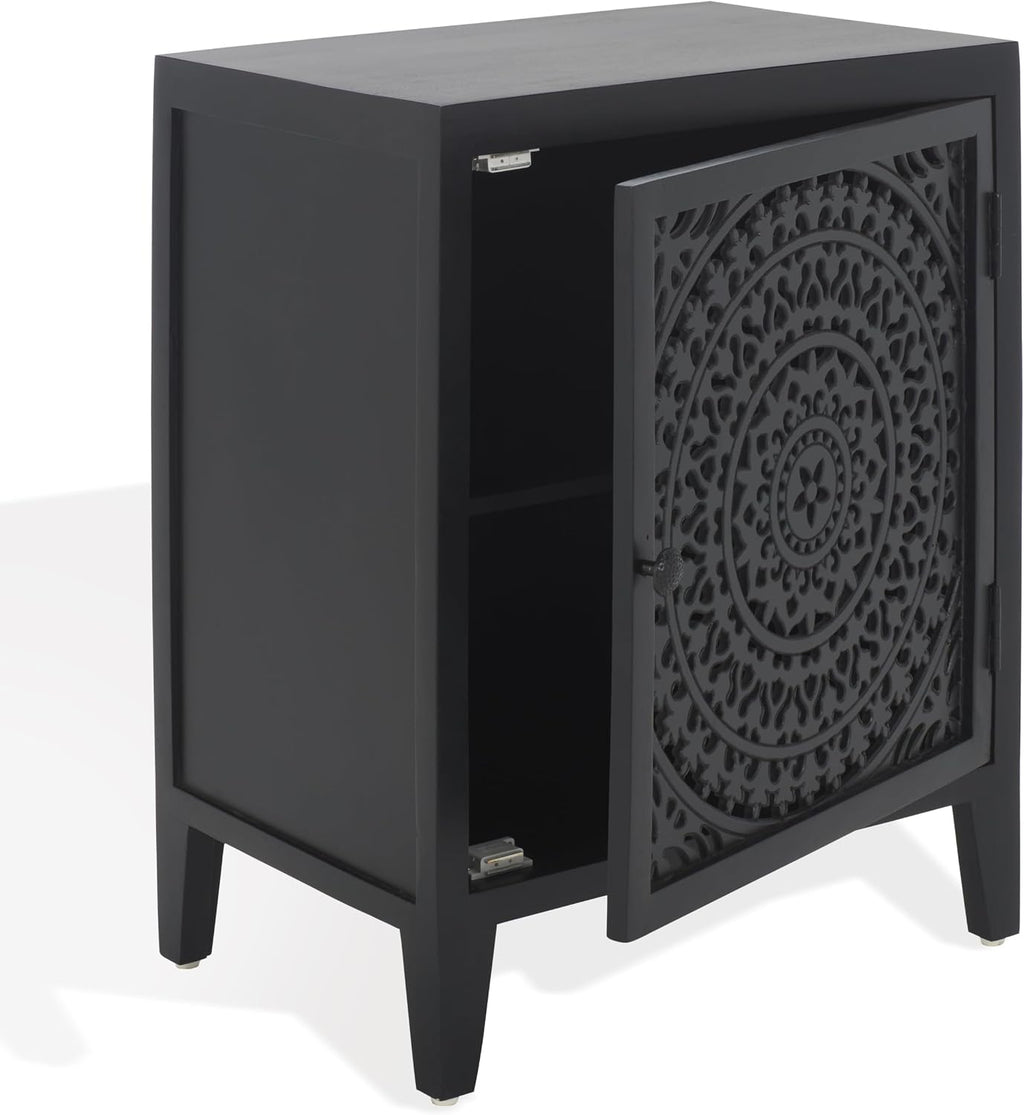 SAFAVIEH Furniture - Thea 1-Door Carved Nightstand - Black - Mango Wood - Artisan Global Design - Ideal for Bedroom, 20' W x 14' D x 26' H - Fully Assembled (NST5300D)