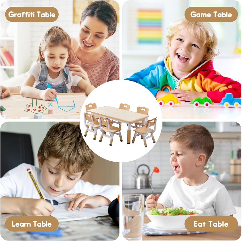 Kids Table and Chairs Set, Height Adjustable Desk With 6 Seats for Ages 3-12,Arts & Crafts Table,Graffiti Desktop, Non-Slip Legs, Max 300lbs, Children Multi-Activity Table for Classrooms,Daycares,Home