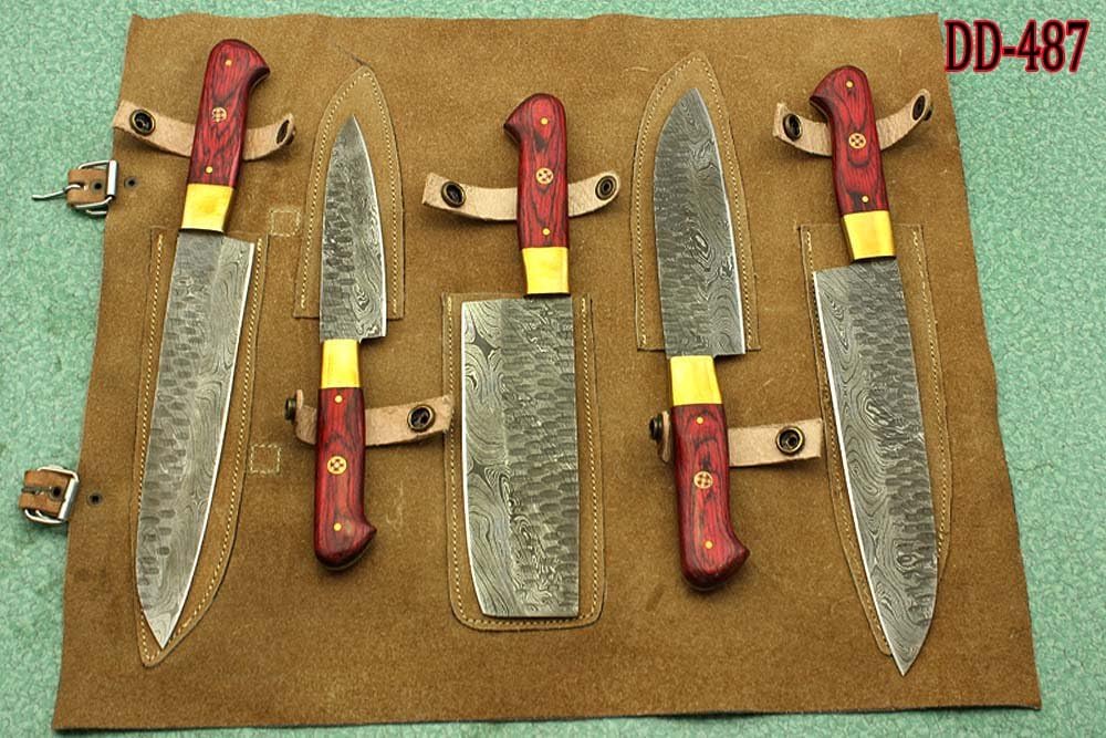 5 Pieces Damascus Steel Hammered Kitchen Knife Set, Custom Made Hand Forged Damascus Steel Full Tang Blade, Overall 54 inches Length of Hammered Damascus Sharp Knives, Cow Hide Suede Leather Sheath