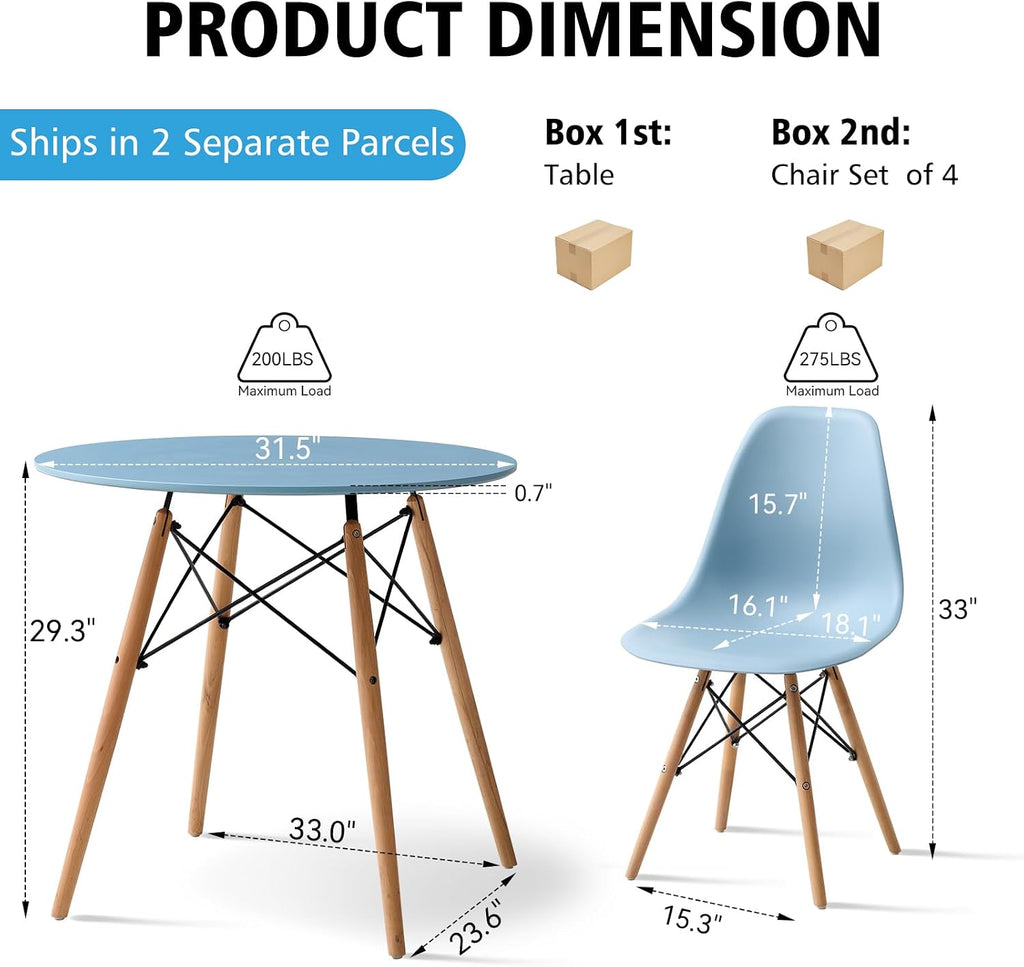 5-Piece Round Dining Table Set, Small 31.5' Kitchen Table Chairs Set of 4 Space Saving Furniture, Plastic Seats, Solid Wood Legs, for Living Room Apartment Office Home, Blue
