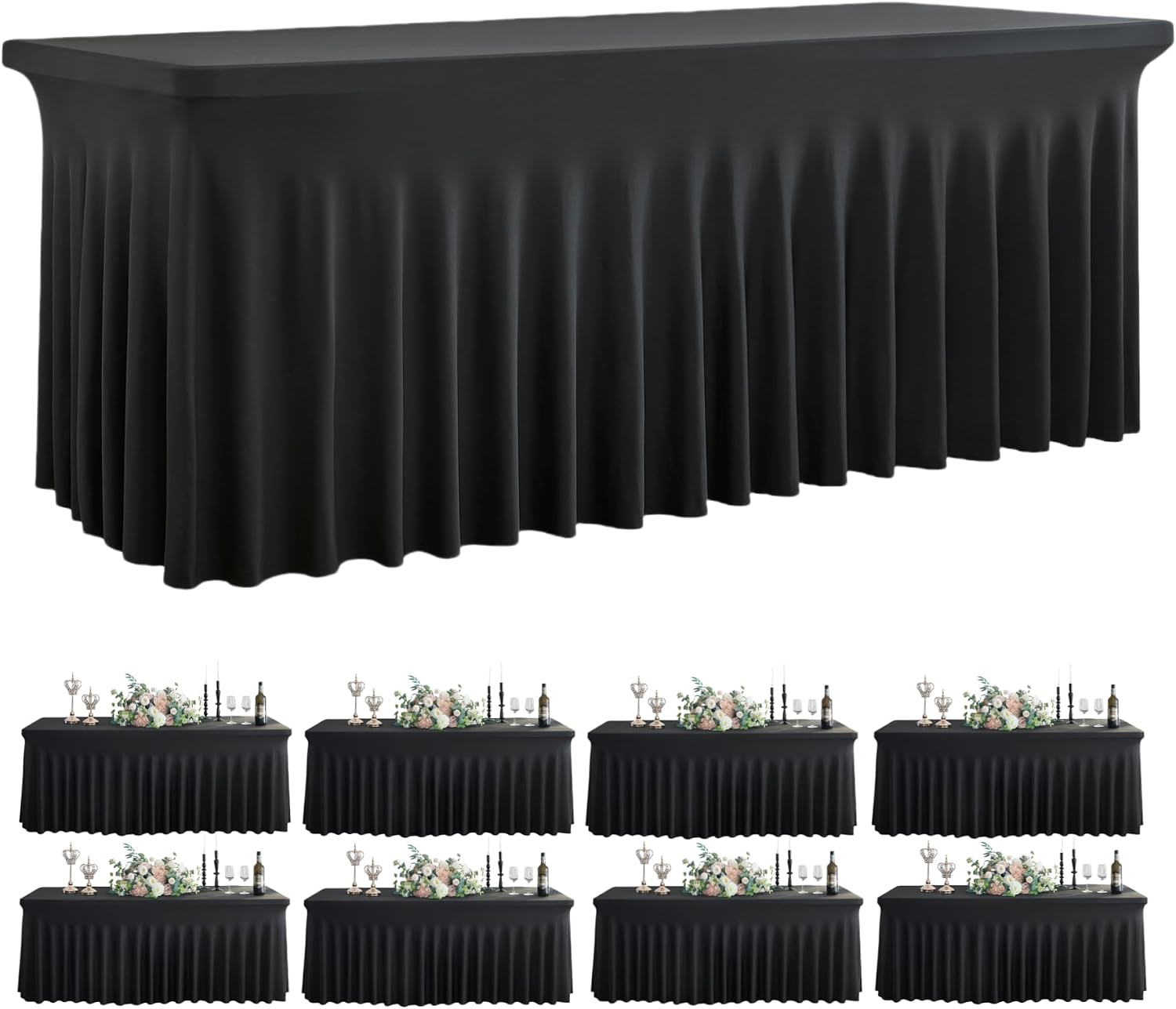Outpain Black Spandex Tablecloth for 8 Foot Rectangle Tables, 8 Pack Black Fitted Table Cloths 8ft Stretchy Banquet Table Clothes Cover Desk Skirt for Birthday Wedding Parties Baby Shower