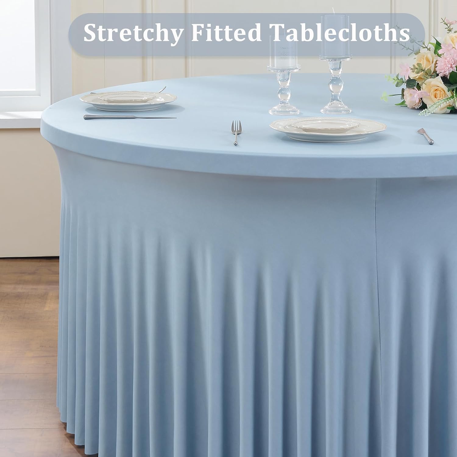6 Pack Dusty Blue Spandex Round Tablecloths for 60 inch Table, Wrinkle Free Stretchy 120inch Fitted 5FT Round Table Cover Cloths with Skirt for Wedding Party Dining Banquet