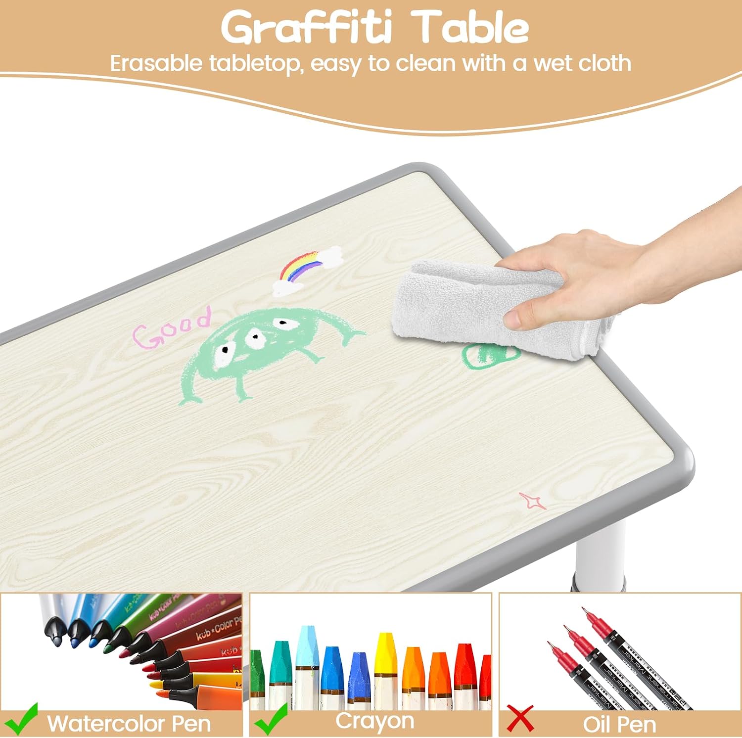 Kids Table and Chair Set, Height Adjustable Toddler Table and 4 Chairs Set for Ages 2-10, Graffiti Desktop, Non-Slip Legs, Arts & Crafts Table, Children Activity Table for Daycare Classroom Home