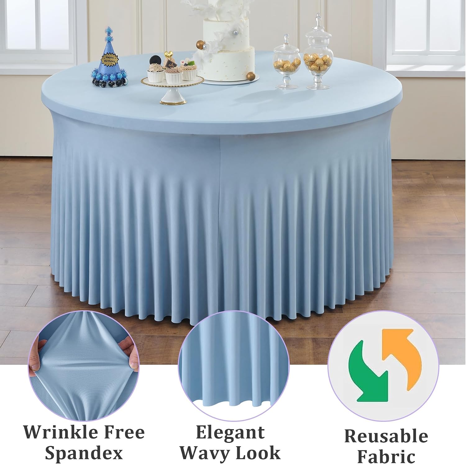 6 Pack Dusty Blue Spandex Round Tablecloths for 60 inch Table, Wrinkle Free Stretchy 120inch Fitted 5FT Round Table Cover Cloths with Skirt for Wedding Party Dining Banquet