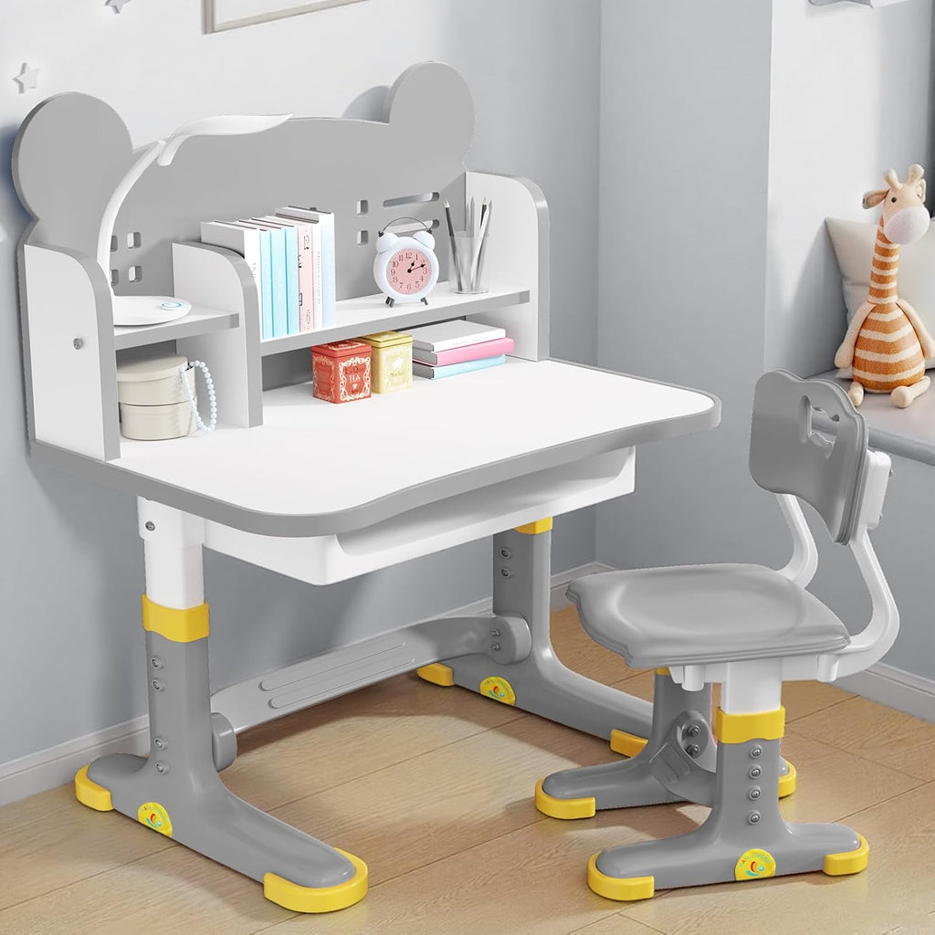 Kids Desk and Chair Set, Height Adjustable Child's School Study Writing Tables, Kids Desk with Bookstand and Storage Drawer, Widened Desktop with Desktop for Boys and Girls (Gray-F)