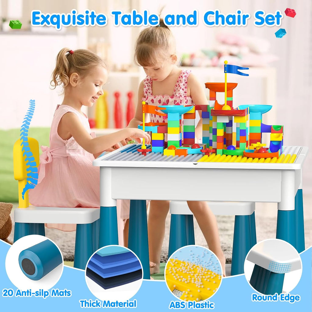 OCATO Toddlers Kids Table and 4 Chairs Set: Activity Table with 152Pcs Large Marble Run Building Blocks Storage All in One Play Sensory Water Tables Sand Tables for Boys Girls 3 4 5 6 Year Old