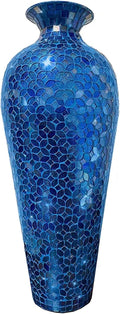 Mosaic Vase, Floor Vase, Tall Vase, 20' Decorative Mosaic Flower Vase, Vedic Accent Vase with Floral Pattern Glass Mosaic Inlay- Cobalt Blue