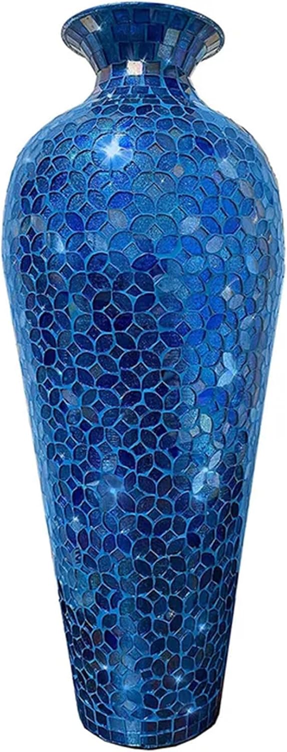 Mosaic Vase, Floor Vase, Tall Vase, 20' Decorative Mosaic Flower Vase, Vedic Accent Vase with Floral Pattern Glass Mosaic Inlay- Cobalt Blue