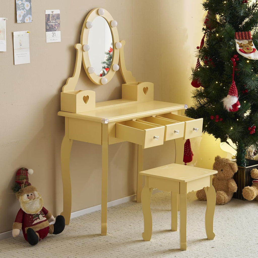 Karl home Kids Vanity Table and Chair Set, Princess MDF Dressing Table with 3-Color LED Lighted Mirror and 3 Drawers, Lovely Waved Design for Toddler's Bedroom and Playroom Decor, Macaroon Orange
