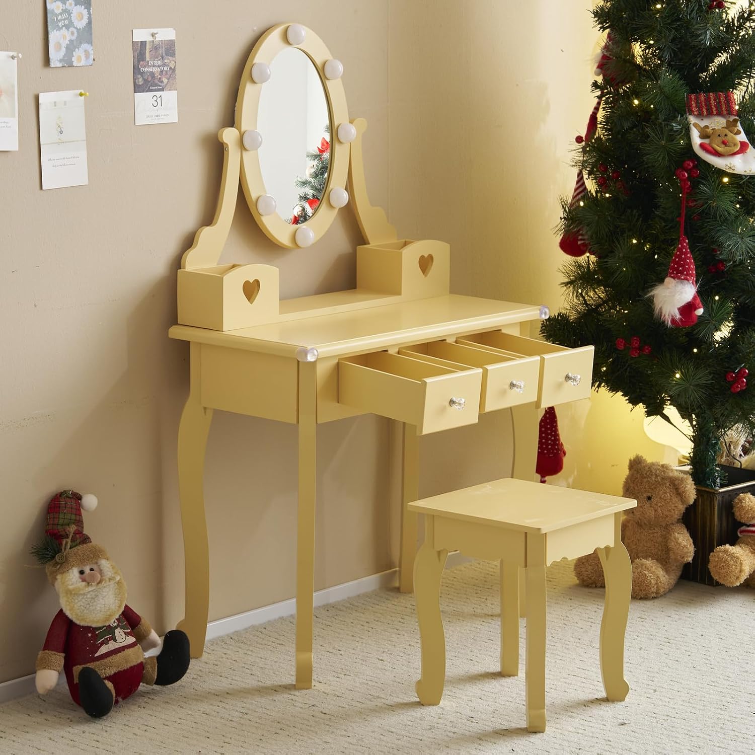 Karl home Kids Vanity Table and Chair Set, Princess MDF Dressing Table with 3-Color LED Lighted Mirror and 3 Drawers, Lovely Waved Design for Toddler's Bedroom and Playroom Decor, Macaroon Orange
