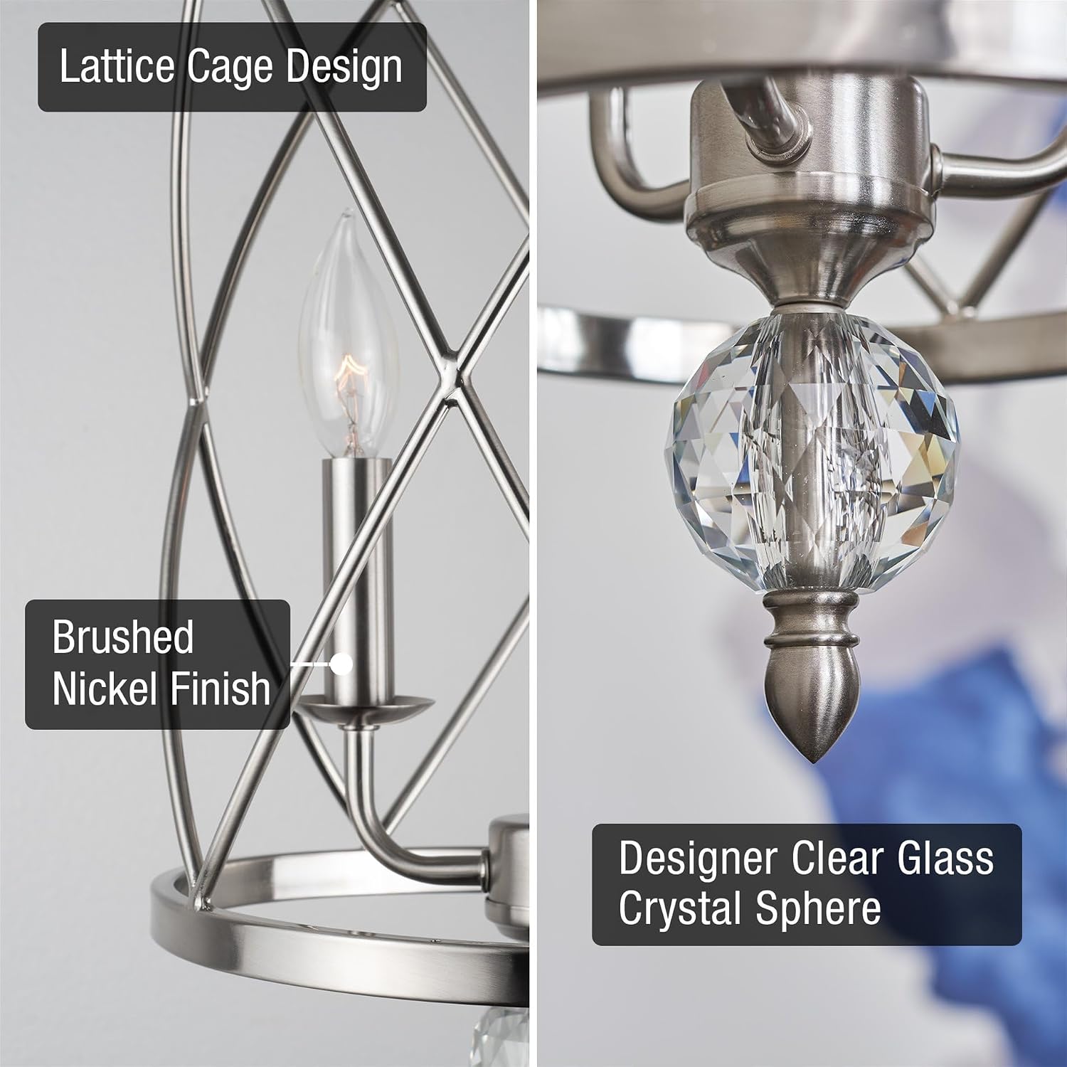 Kira Home Eleanor 27' Modern 3-Light Geometric Lantern Chandelier, Cylinder Trellis Cage Pendant Light with Crystal Finial, Brushed Nickel Finish
