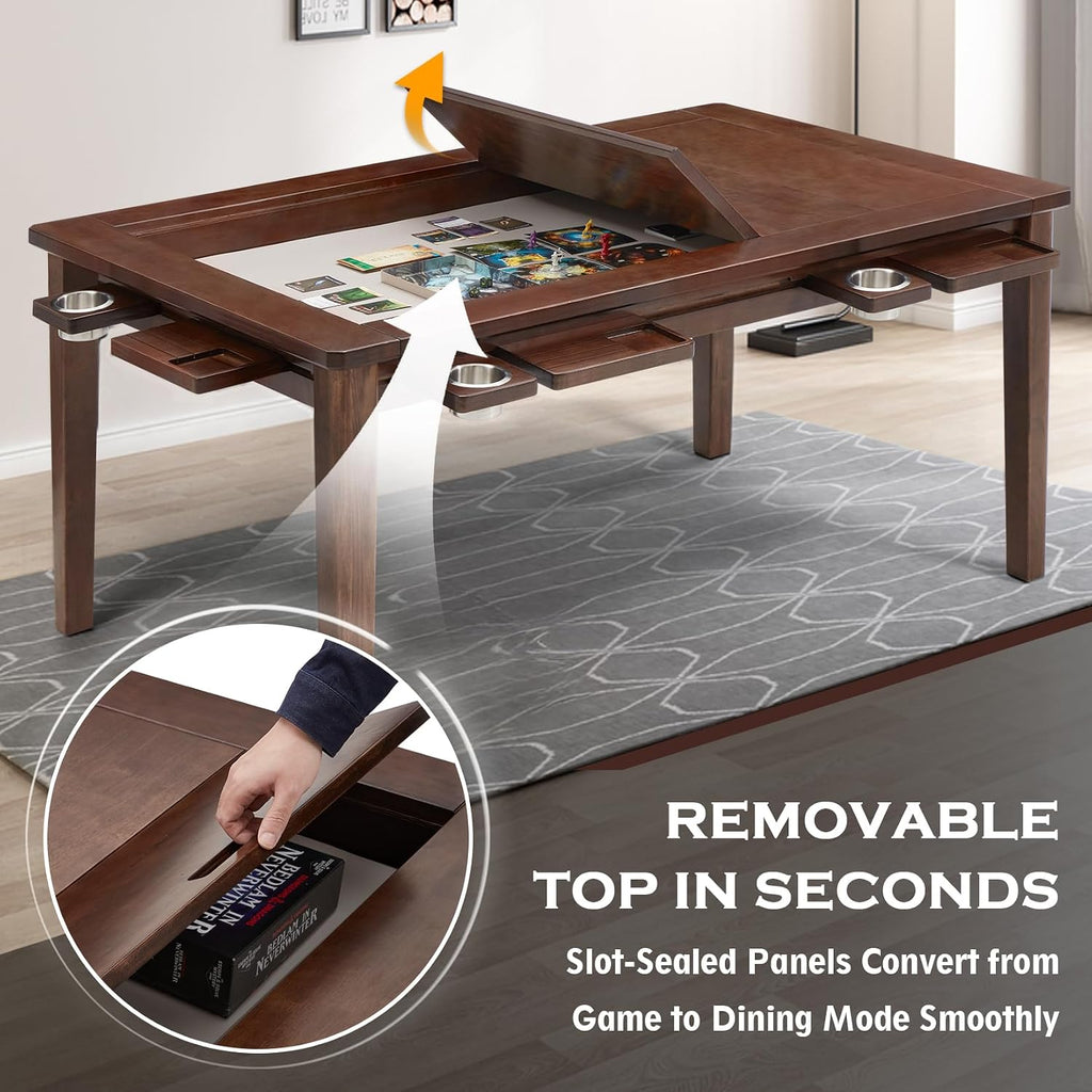 Haddockway 63' ×39' Board Game Table with Removable Top, Solid Wood Dining/Gaming Table for 4-6 Players with Play Mat, 6 Detachable Cup Holders & 6 Hobby Trays (Warm Walnut)