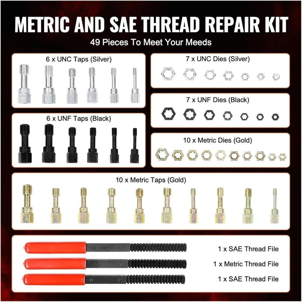 VARNOK Nut and Bolt Thread Checker 49PCS Thread Chaser Set Professional Thread Restoring Tool for UNC UNF Metric Precision Re Threading