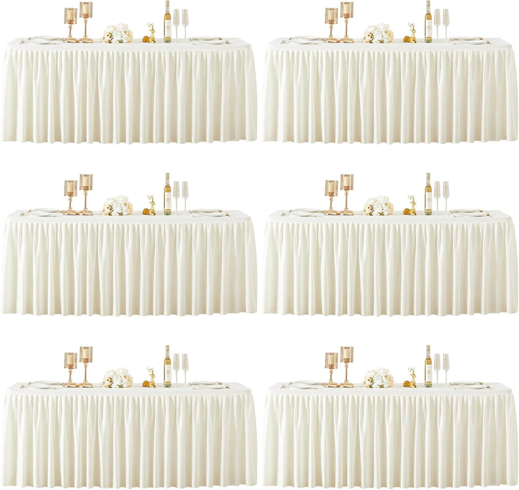 6 Packs Ivory Polyester Tablecloths Rectangle Tables 8ft, Stretch Fitted Table Covers for 8 Foot Tables Wrinkle Free Rectangle Table Cloth with Skirt for Birthday Party Events Banquet Baby Shower