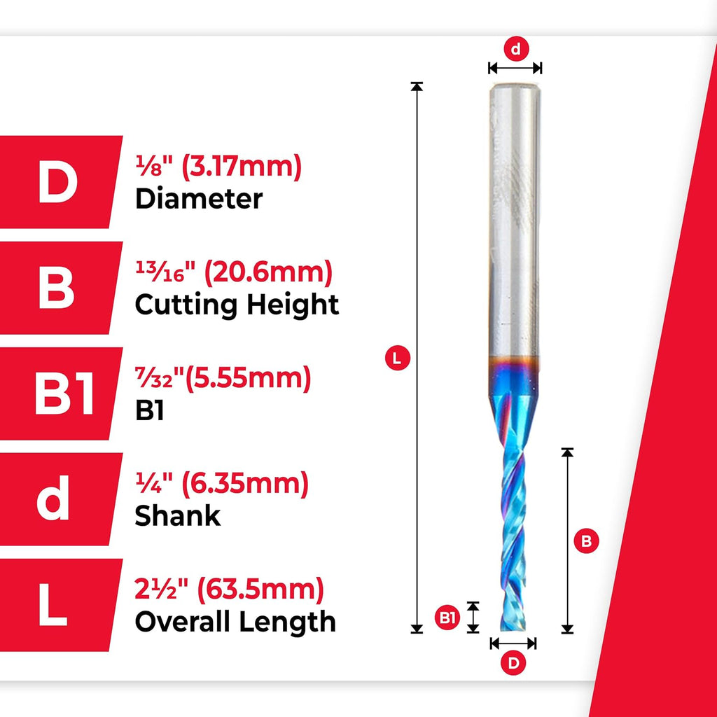 Amana Tool Spektra Extreme Tool Life Solid Carbide CNC Compression Spiral Router Bit, 46176-K-5 5-Pack, 1/8 D x 13/16 CH x 1/4 Shank x 2-1/2 Inch L