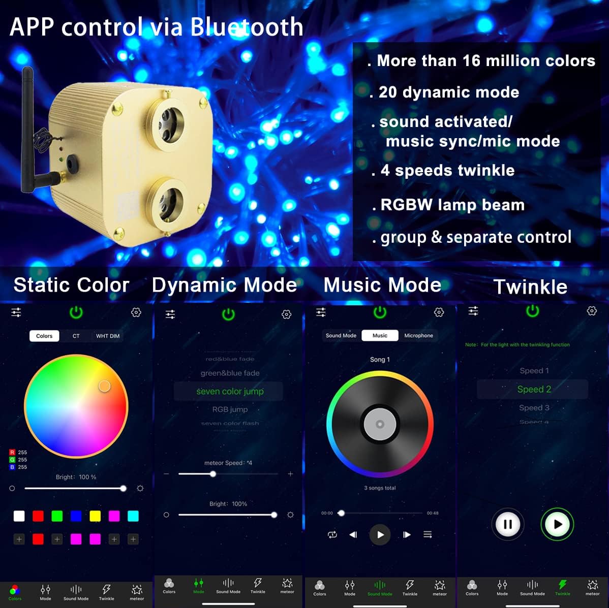 AZIMOM Bluetooth 20w Upgraded Fiber Optic Lights Twinkle Star Ceiling Lighting Kits 1100pcs0.03in13.1ft Fiber Strands Dual Port RGBW Sound Remote Control Light Source Home Indoor Car Ceiling Decor