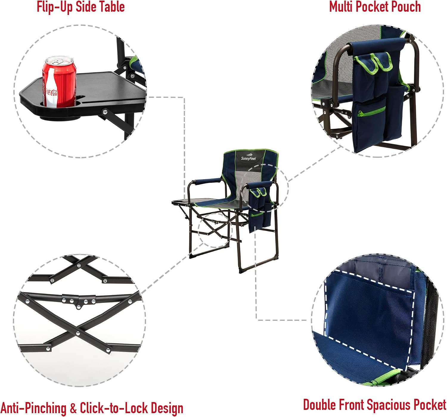 SUNNYFEEL Camping Directors Chair, Heavy Duty,Oversized Portable Folding Chair with Side Table, Pocket for Beach, Fishing,Trip,Picnic,Lawn,Concert Outdoor Foldable Camp Chairs