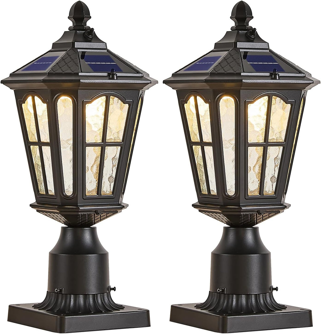 2 Pack Outdoor Solar Lamp Post Light with Pier Mount Base, Dusk to Dawn Aluminium Classic Exterior Pole Lamps with Water Ripple Glass, Solar Pillar Lights for Fence, Gate, Driveway, Black