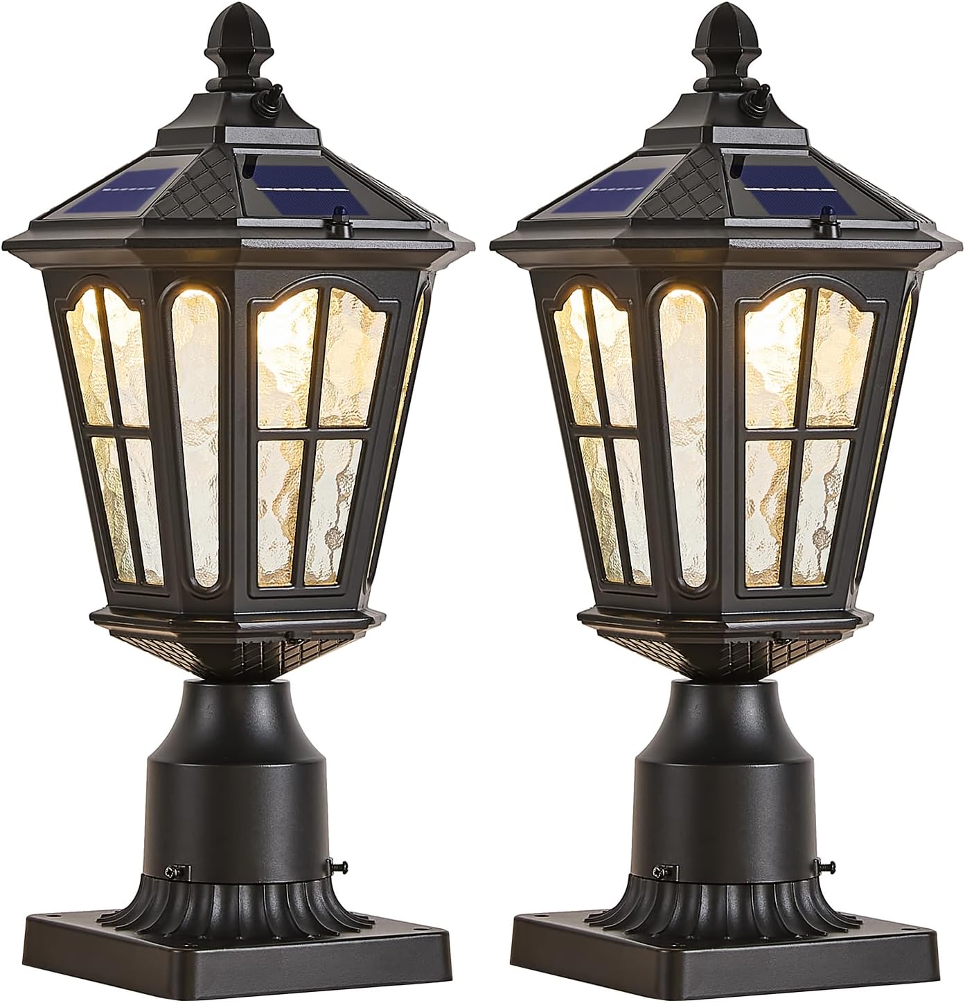 2 Pack Outdoor Solar Lamp Post Light with Pier Mount Base, Dusk to Dawn Aluminium Classic Exterior Pole Lamps with Water Ripple Glass, Solar Pillar Lights for Fence, Gate, Driveway, Black