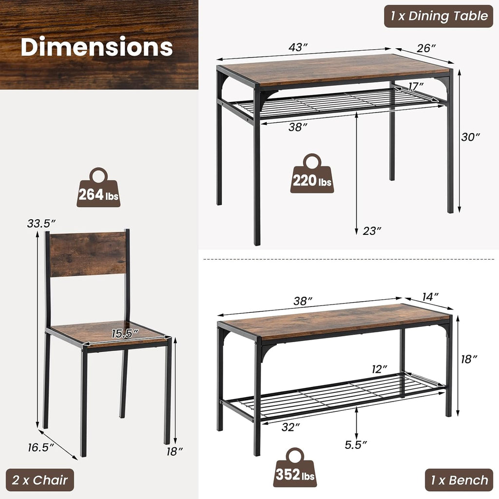 Giantex Dining Table Set for 4, Kitchen Table with Chairs & Bench, Storage Racks, Metal Frame, 4-Piece Space-Saving Dinette Set for Dining Room, Breakfast Nook, Small Space, Apartment,Rustic Brown