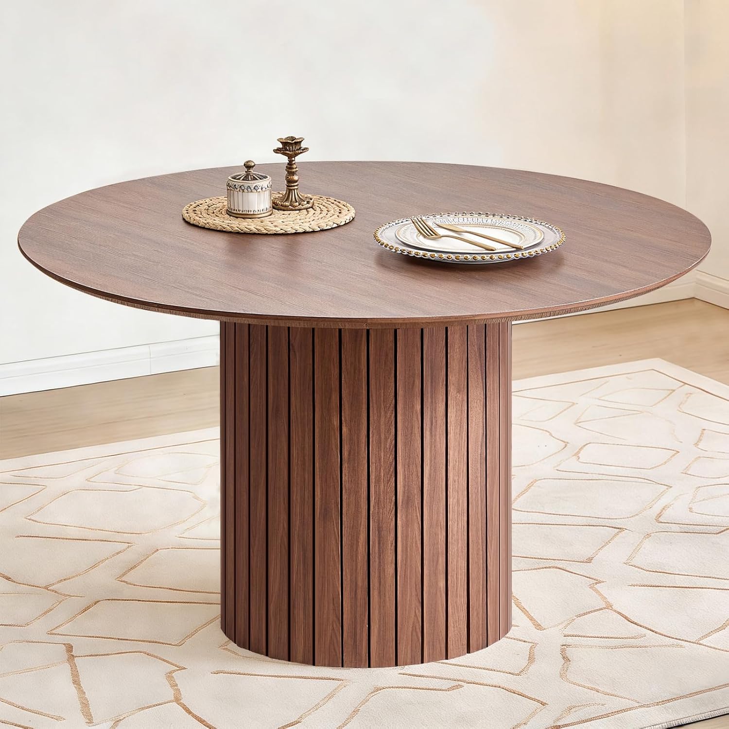 47' Round Dining Table for 4, Farmhouse Kitchen Table [Chamfered Edge Tabletop] Circle Pedestal Dinner Table, φ47.2'x29.5'H, Brown