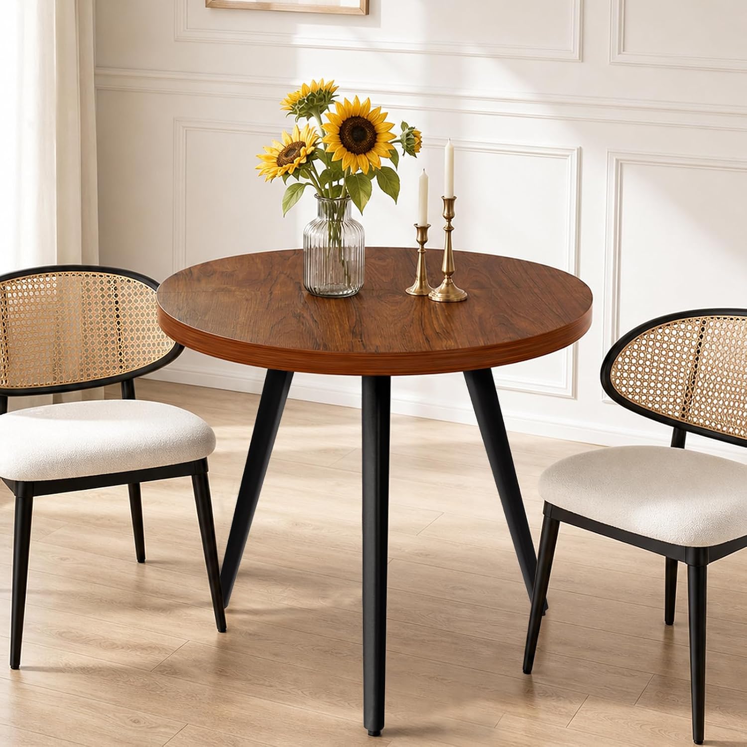 Round Dining Table, Small Dining Table for 2, 31.5' Round Table, Mid-Century Modern Kitchen Table with 1.4' Thickness Wood Grain Tabletop for or Small Space, Dining Room, Kitchen, UG Brown