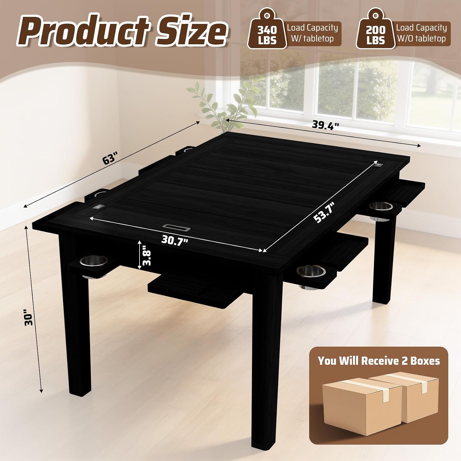 Haddockway Board Game Table with Adjustable Led Lights, 53.7in x 30.7in Play Area Removable Table Top Dining/Gaming Table with Charge Station, Play Mat, 6 Cup Holders & Trays (Black)