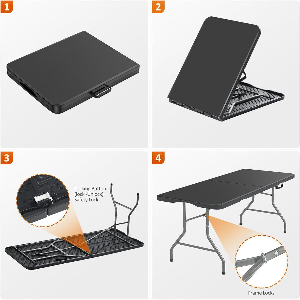 8 Foot Folding Table 350 LBS Heavy Duty, 18% Thicker HDPE Waterproof Top, Portable Fold in Half with Carry Handle and Safety Locks, Reinforced Steel Frame for Indoor Outdoor Party Events