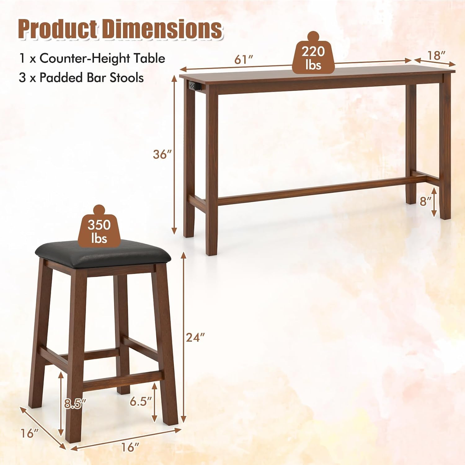 Tangkula 4-Piece Bar Table with Stools, Wooden Dining Bar Table & Chairs Set w/Power Outet, Kitchen Console Table w/ 3 Upholstered Stools for Living Room, Dining Room (Walnut Brown)