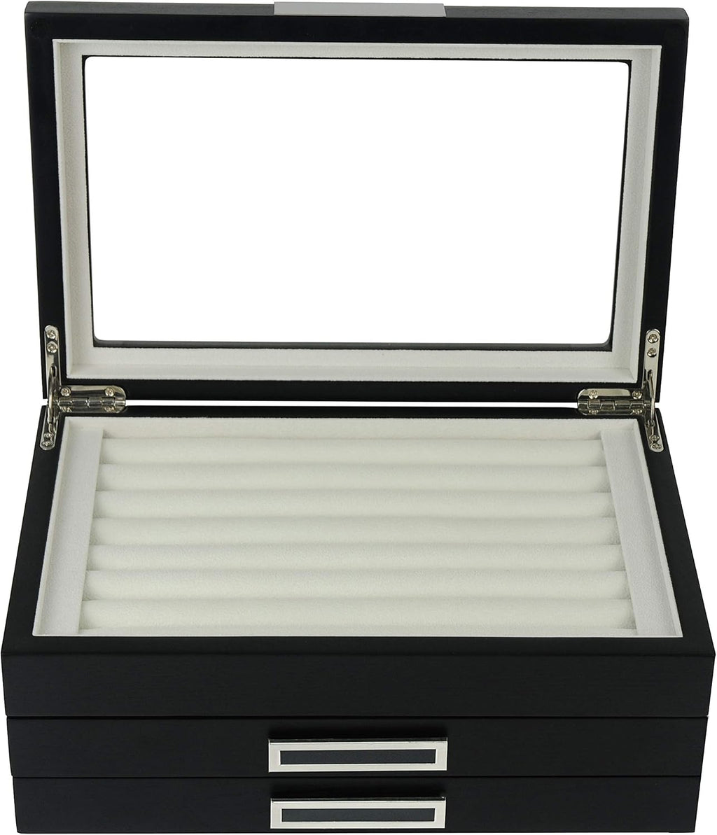 TIMELYBUYS Black Ebony Wood Cufflink Case & Ring Storage Organizer with Stainless Steel Engravable Design Accent Men's Jewelry Box for 108 Cufflinks