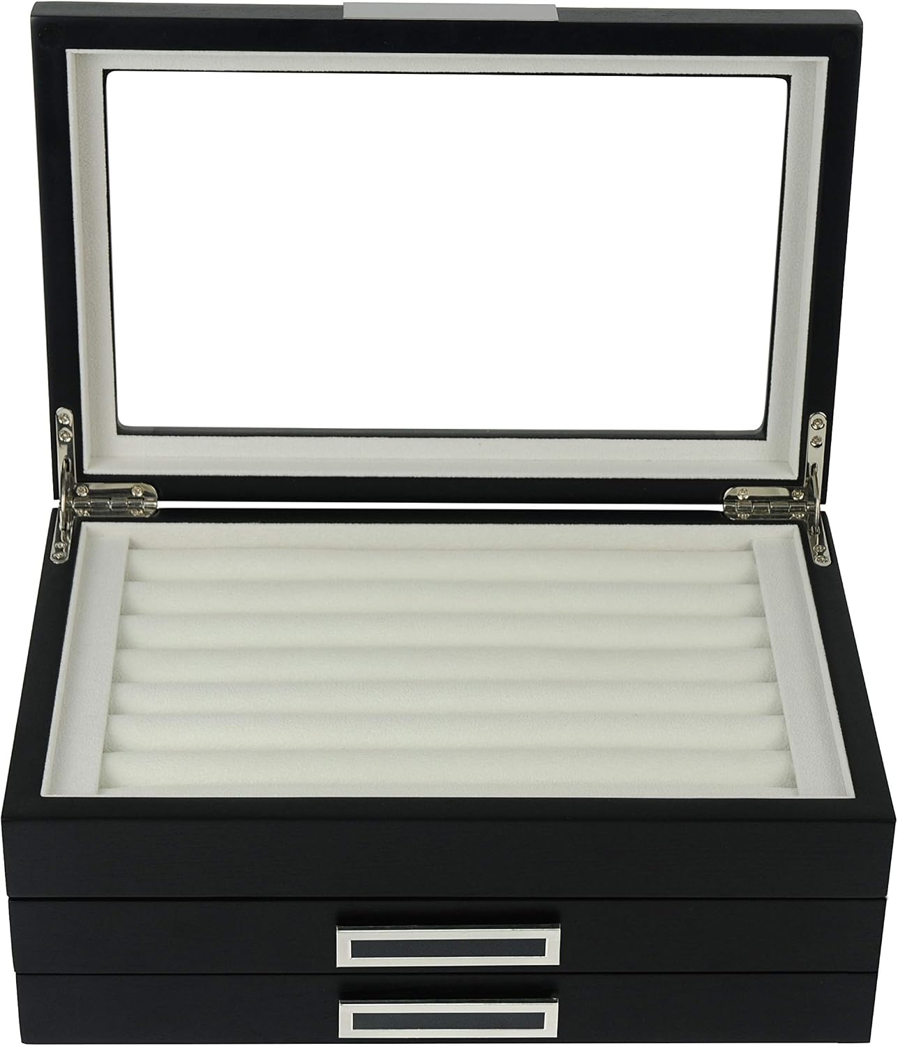 TIMELYBUYS Black Ebony Wood Cufflink Case & Ring Storage Organizer with Stainless Steel Engravable Design Accent Men's Jewelry Box for 108 Cufflinks